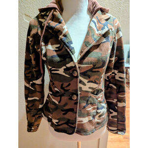 SelfESteem Camo Hooded Jacket | Button Front | Soft Fleece Feel | Casual Utility